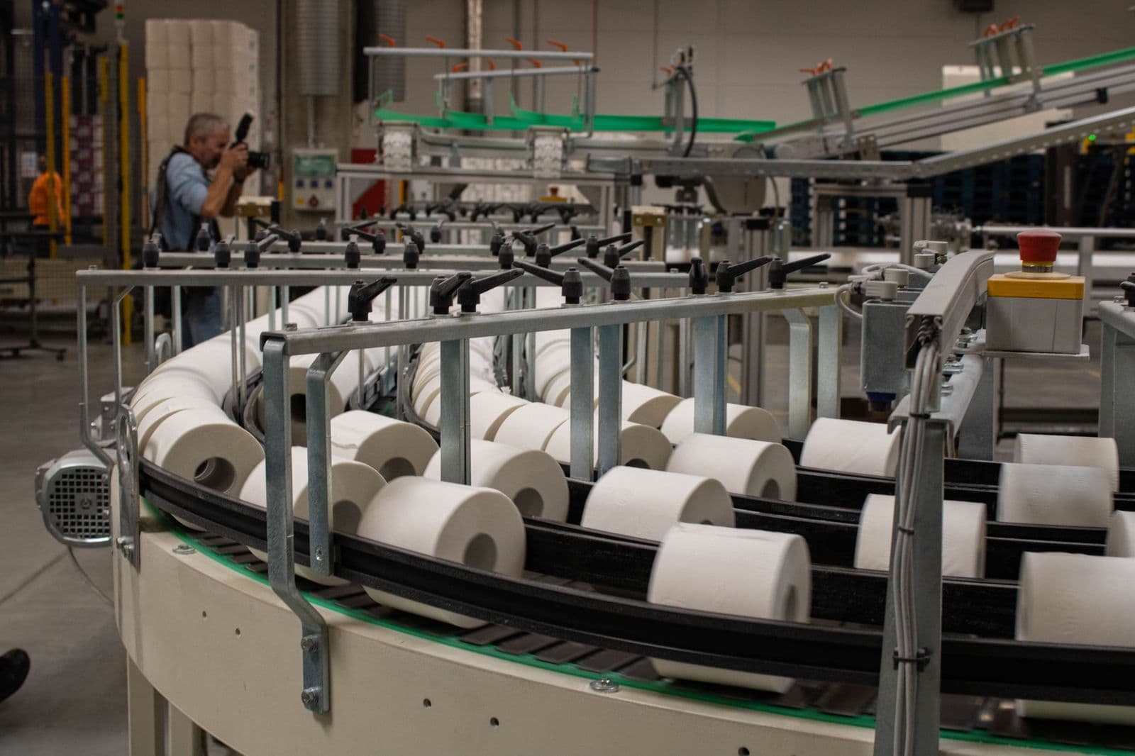Industrial machine vision camera inspecting products on a factory production line
